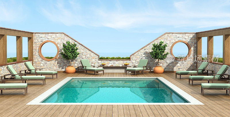 夏季室外游泳池，配有日光浴床和石墙