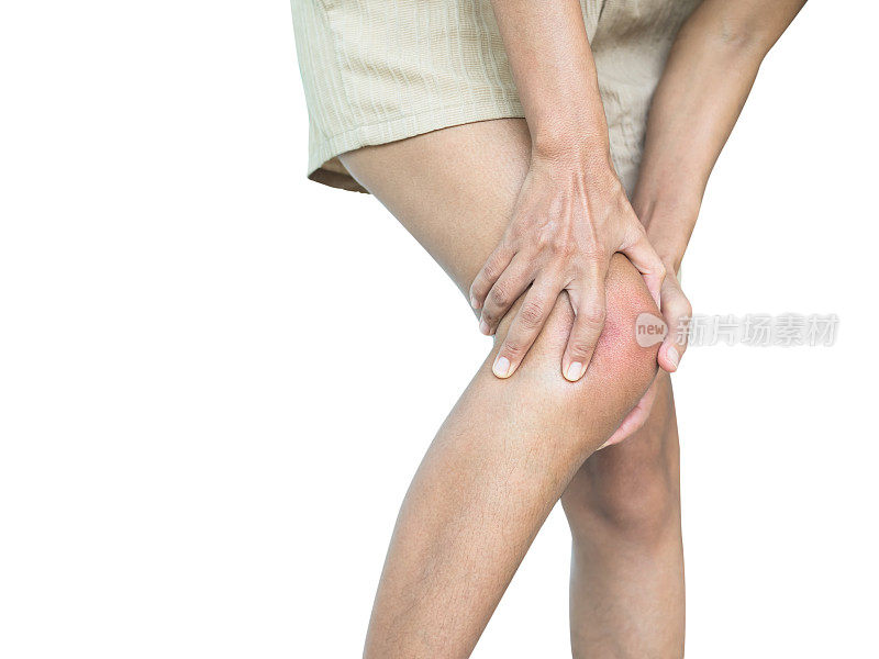 女性疼痛膝关节关节炎骨损伤分离在白底，运动员伤害腿体从跑步者，骨关节炎肌肉，健康