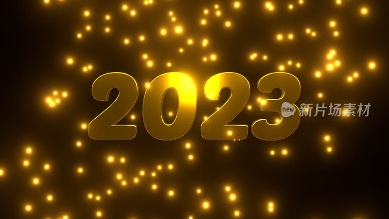 新年快乐2023金色粒子落在黑色的背景。