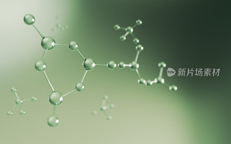 渐变绿色背景上的透明分子，科学与医学概念，景深