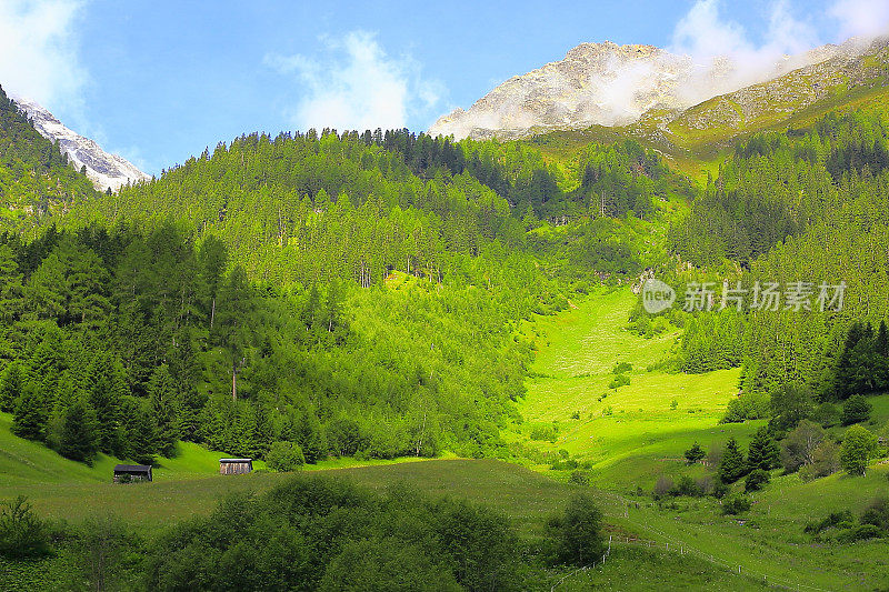 雄伟的Kaunertal南蒂罗尔雪峰山脉全景和田园诗般的Otztal泰罗尔山谷从上面，奥地利