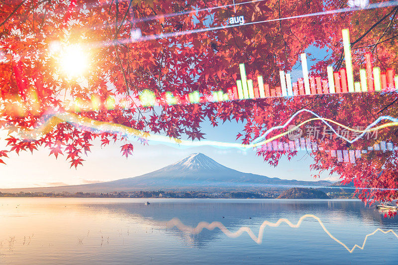 早晨富士山和川口湖的投资和银行主题，秋天的季节在日本山立富士山。