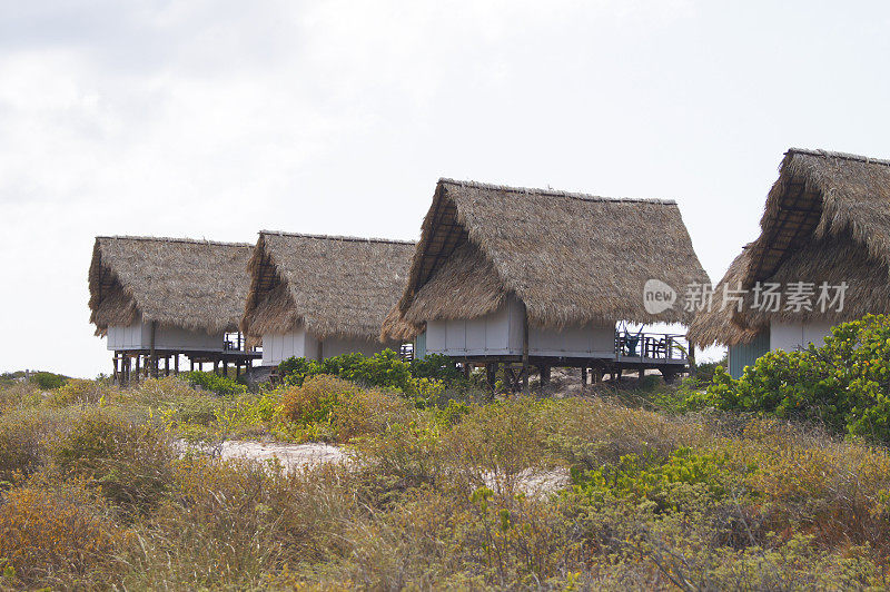 热带岛屿度假小屋，草屋顶和土路