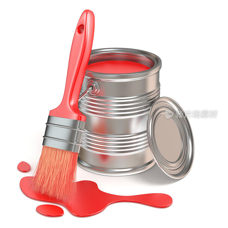 油漆桶，油漆刷和红色污渍。三维渲染