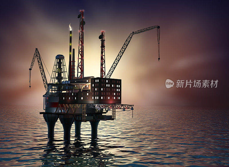 海上石油钻井平台上的夕阳结构