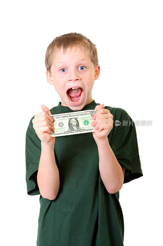 兴奋的男孩拿着一美元