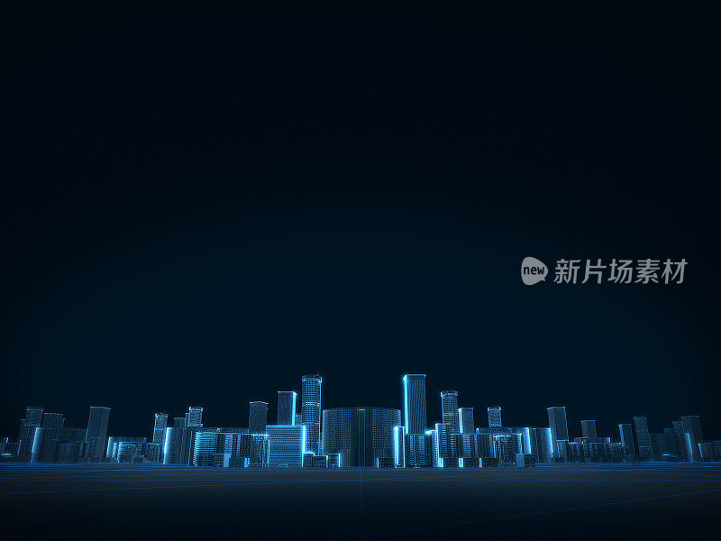 城市x射线蓝色透明的3D渲染在黑暗的背景。