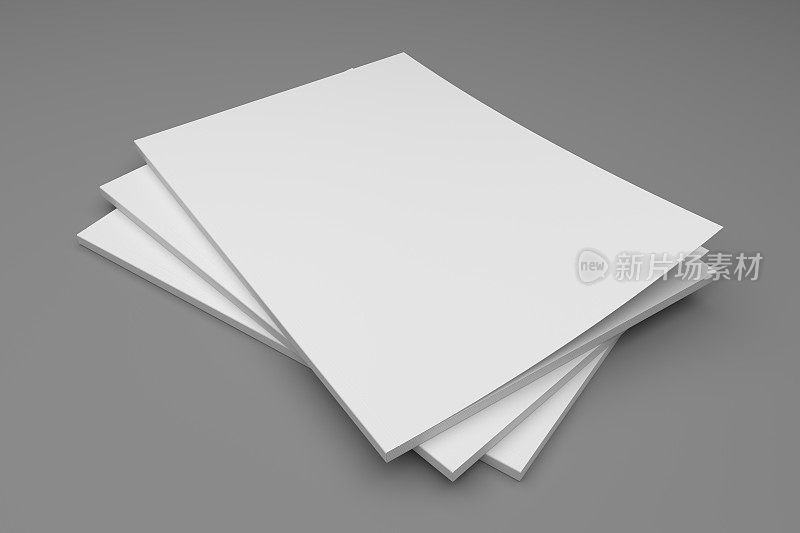 空白3D插图空白杂志堆叠灰色。