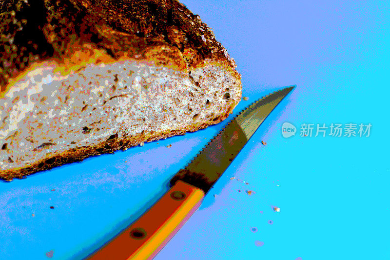 新鲜全麦面包，刀，蓝色背景，Posterized