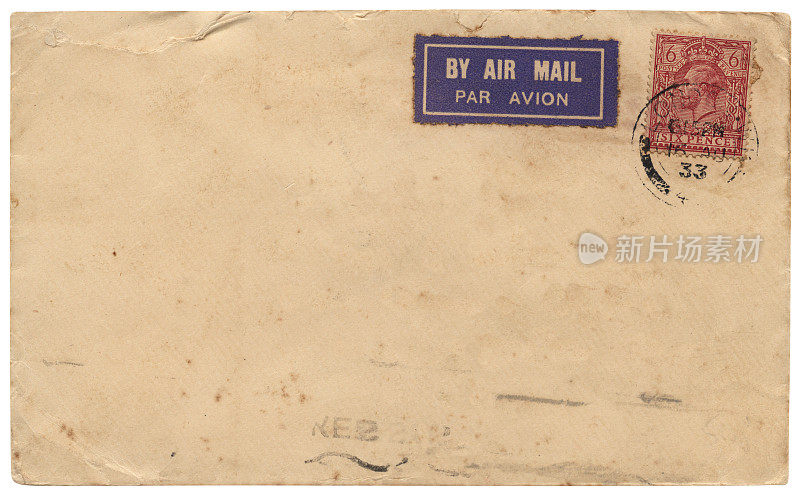 1933年从伦敦到印度的信封，六便士邮票