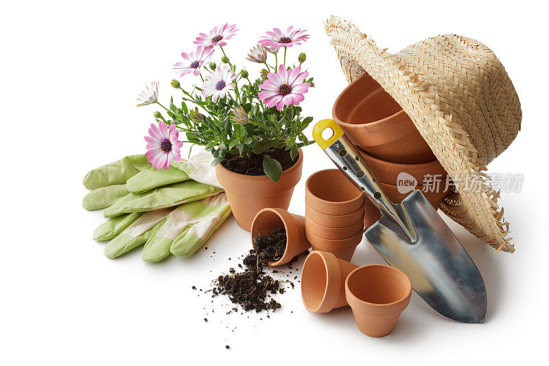 园艺:花盆，铲子，草帽和手套