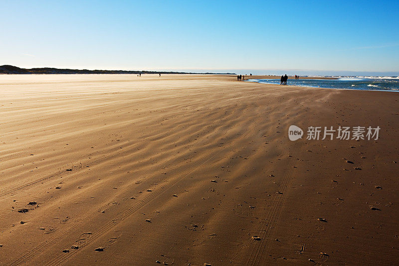 在多风的海滩上散步