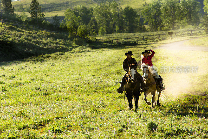 牛仔:牧马人骑马穿过牧场。