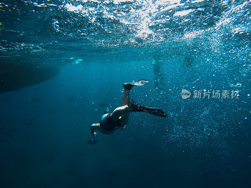 男孩和鱼在夏威夷美丽的蓝色水中游泳。