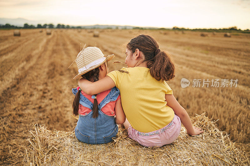 坐在田野里的干草堆上，可爱而安详的姐妹们互相拥抱