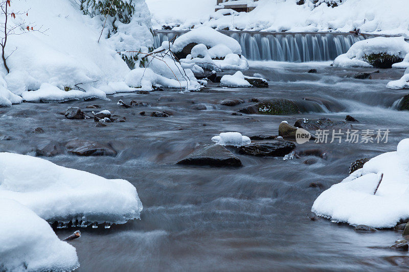 冬季高山瀑布雪景。雪山瀑布景观。冬季的山瀑布在Shipot瀑布-喀尔巴阡山脉，乌克兰。