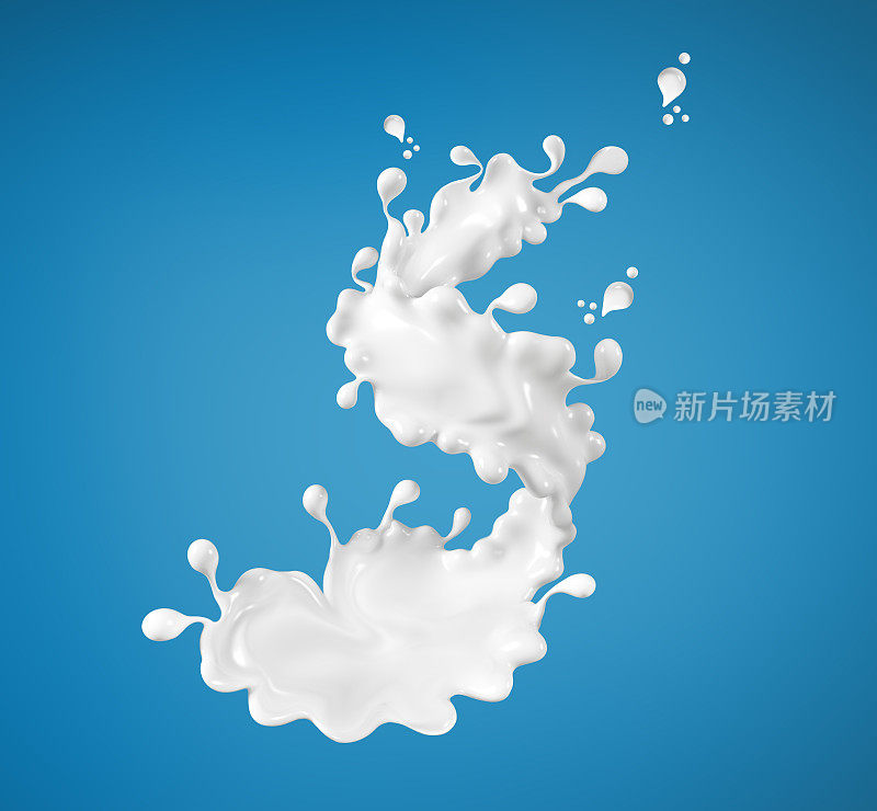牛奶或酸奶溅在蓝色背景，食物插图，3d渲染