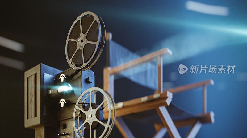 电影放映机和电影导演的椅子在黑暗的地方，3d渲染