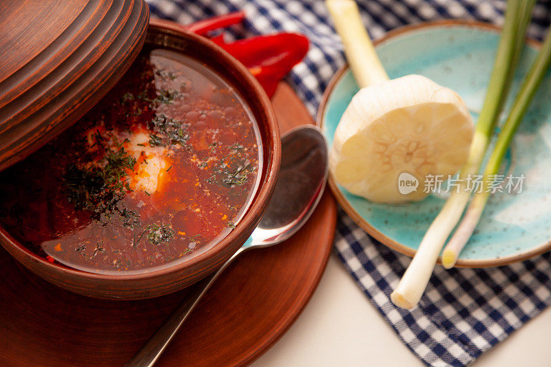 乌克兰红罗宋汤配酸奶油，大蒜和大葱。第一道菜。晚餐。一道传统菜肴。桌上的乌克兰食物