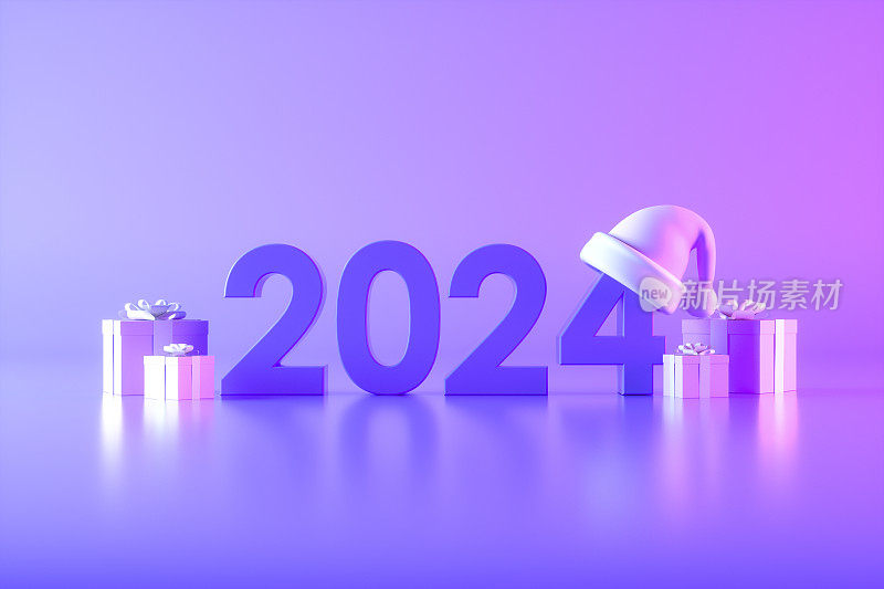 2024年新年，圣诞帽，霓虹灯