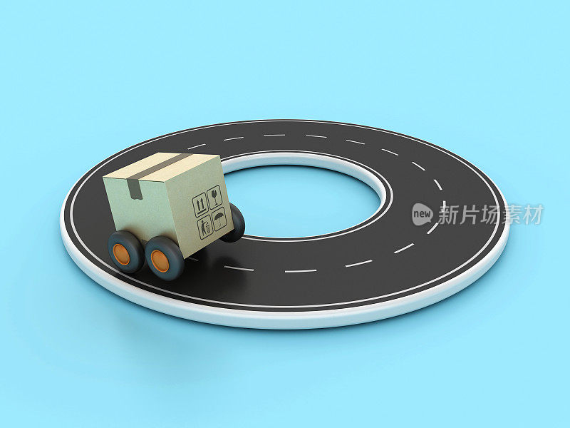 圆形3D道路与车轮上的纸箱