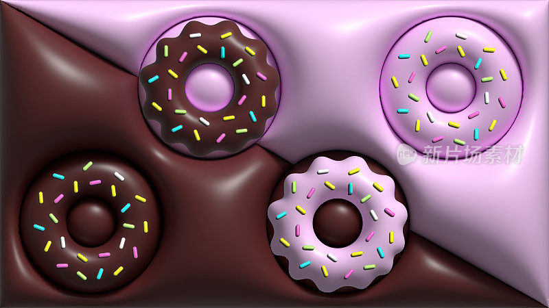 巧克力和草莓奶油甜甜圈抽象背景。3D气球效果。3D渲染收集甜甜圈。