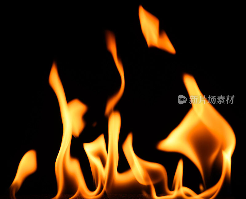 黑色背景上的火，燃烧着炽热的火焰，近距离观察