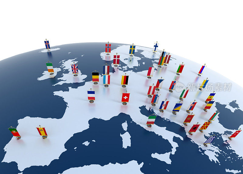 用旗帜标记的欧洲大陆