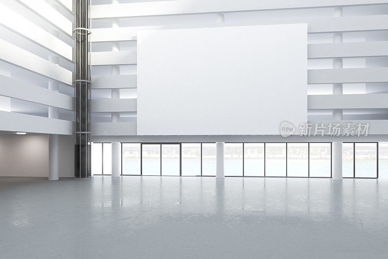 空荡荡的大楼大厅里的空白的白色广告牌