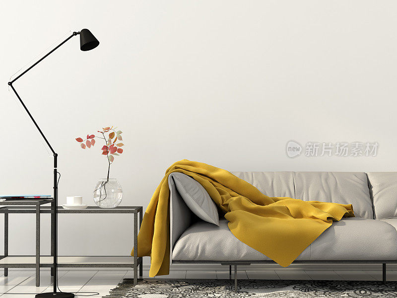 白色沙发和黄色毯子的客厅