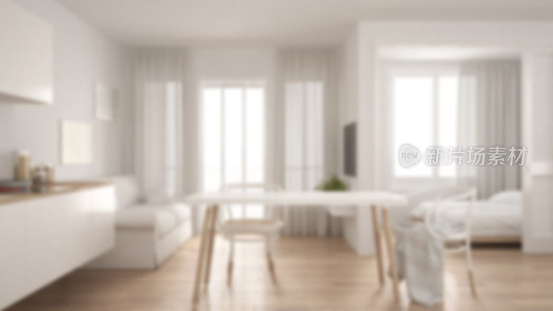 模糊的背景室内设计，斯堪的纳维亚厨房沙发和桌子，木地板
