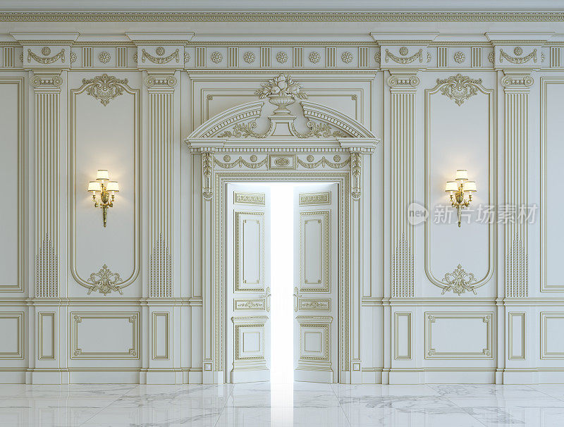 古典风格的白色墙板，镀金。三维渲染