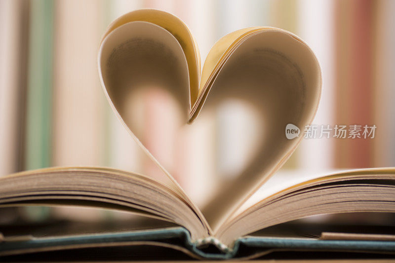 爱阅读!在打开的书页心形。教育、学校。