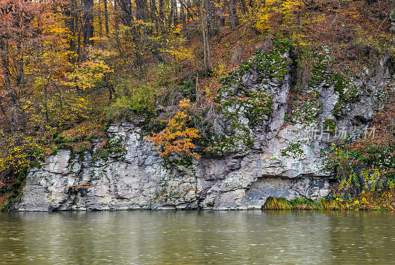 岩石悬崖上的河流在秋天的森林