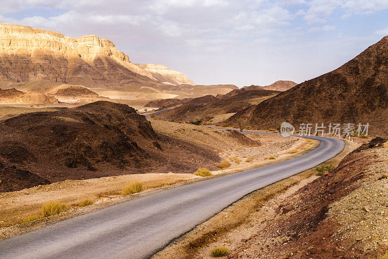 道路和曲线在砂岩沙漠景观，以色列