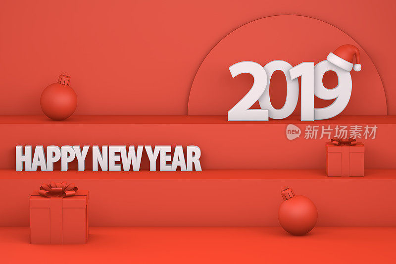 楼梯上戴着圣诞帽的2019年新年