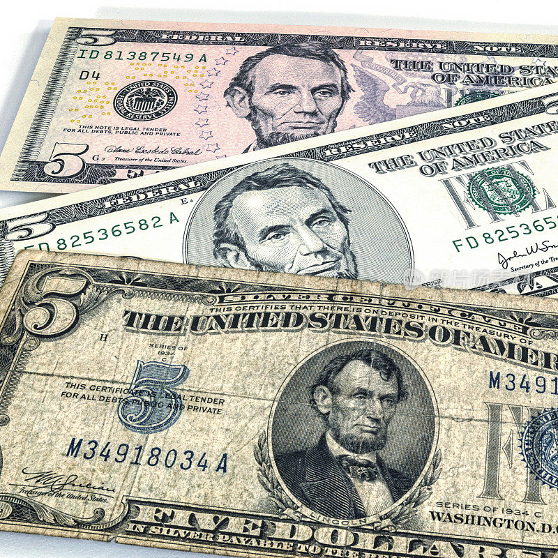 三张不同系列的美国五美元钞票