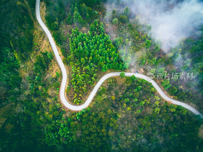 鸟瞰有雾的山路