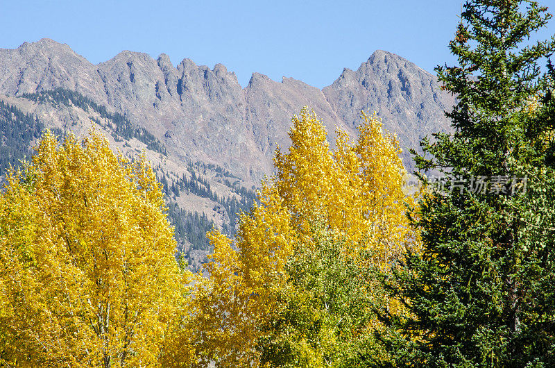 韦尔山和韦尔Pass在韦尔，科罗拉多州与金杨在前景