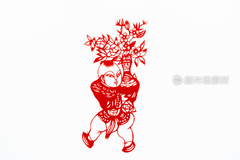 中国传统剪纸艺术图案、花窗。农历新年。象征着幸福和好运。中国吉祥元素。汉字翻译(祝福，长寿，和平，财富，丰饶)