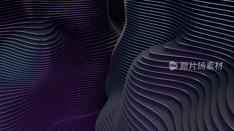 3D抽象波浪切片分层黑色背景霓虹颜色