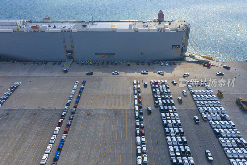 汽车出口终端从事进出口业务和物流。把货物运到港口。国际水路运输。鸟瞰图和俯视图。