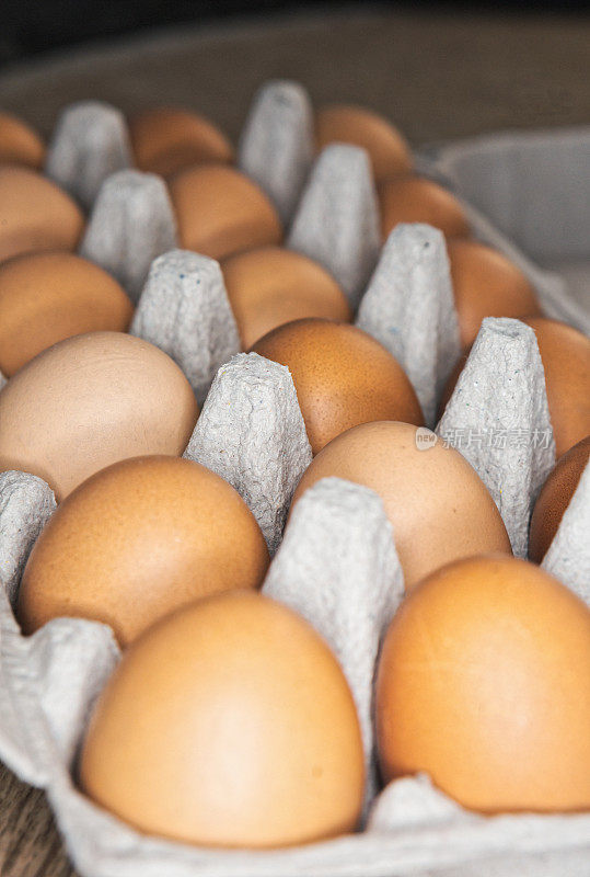 许多鸡蛋被安全地存放在一个鸡蛋纸盒里