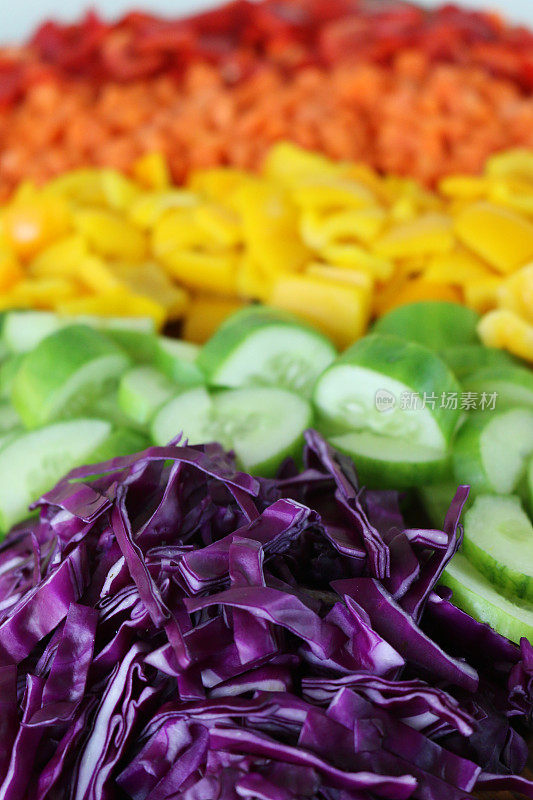 近距离的彩虹图像展示了多种颜色的水果和蔬菜，包括切碎的红卷心菜，黄瓜片，切碎的黄辣椒，胡萝卜丁和西红柿，聚焦前景，健康的饮食理念