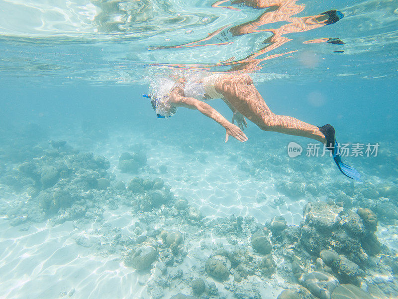 女子潜水在热带海洋，水下拍摄