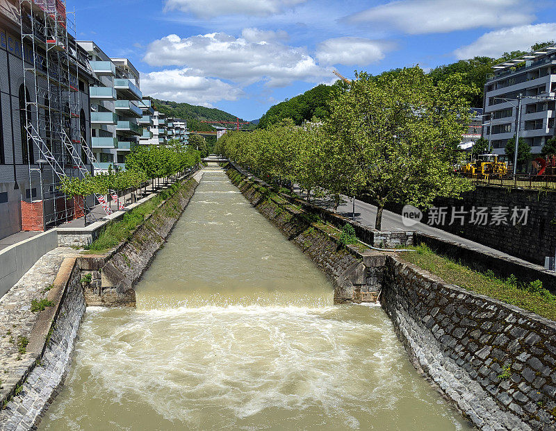 山脉溪流穿过瑞士佩勒林山上的Vevey市和阿尔卑斯山的背景