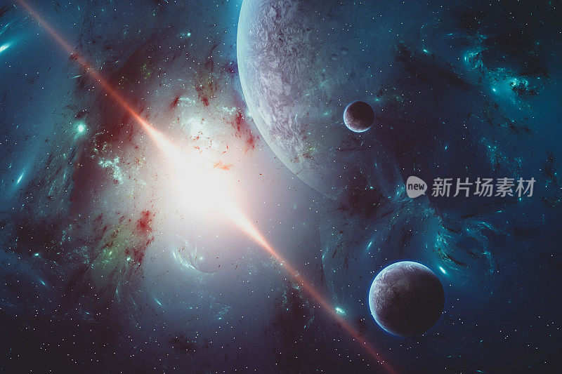 计算机生成的带有发光星云和行星的抽象空间场景