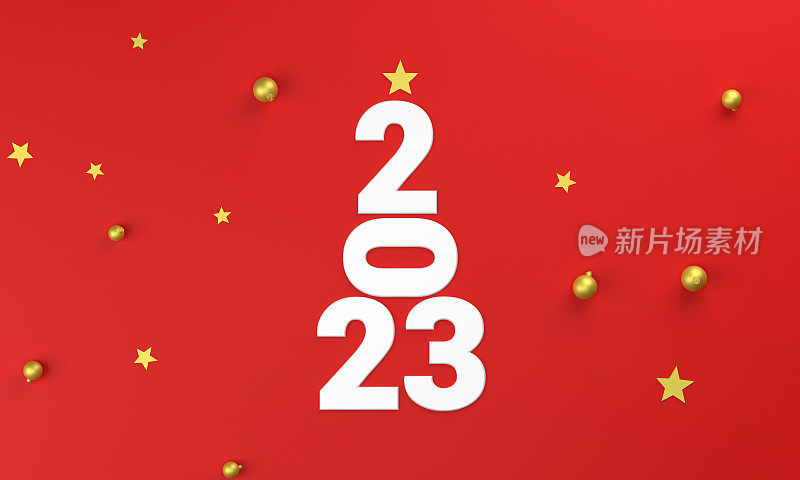 圣诞树装饰和2023字母红色背景。2023年新年背景。