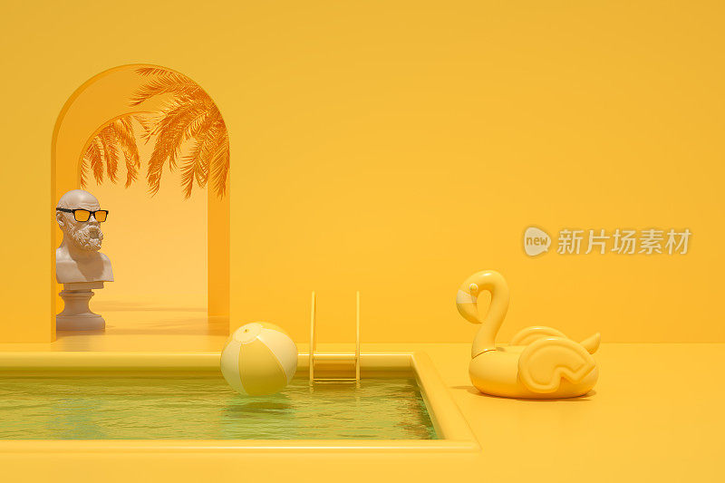 胸像雕塑与太阳镜在游泳池夏季度假旅游的背景棕榈树的影子