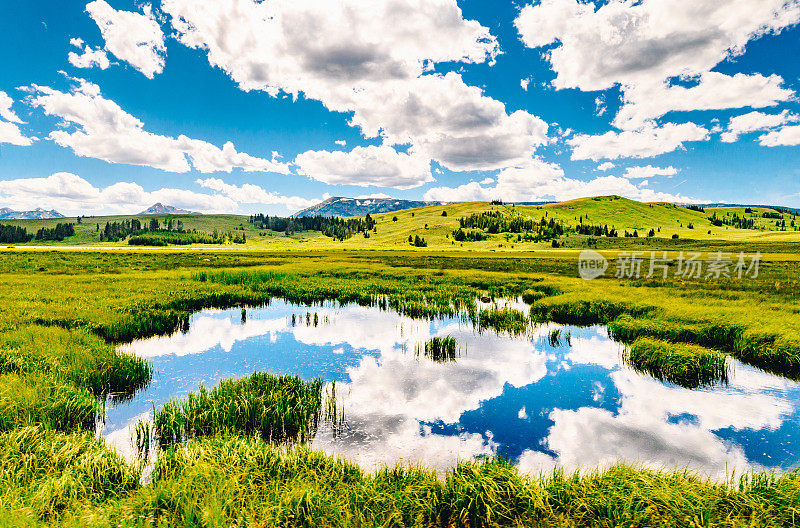 一个小池塘映照出广阔开阔的平原上湛蓝的天空和云朵